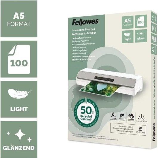 Plastifieuse Fellowes 100143440 A5 80 µm brillant 100 feuilles recyclées