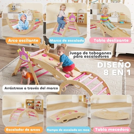Aiyaplay 8 En 1 Triángulo De Escalada De Madera Montessori Con Arco Y Rampa Rosa