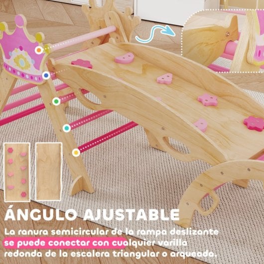 Aiyaplay 8 En 1 Triángulo De Escalada De Madera Montessori Con Arco Y Rampa Rosa