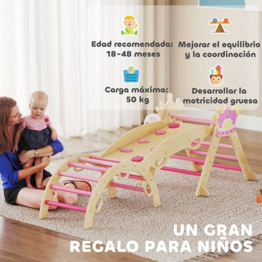 Aiyaplay 8 En 1 Triángulo De Escalada De Madera Montessori Con Arco Y Rampa Rosa