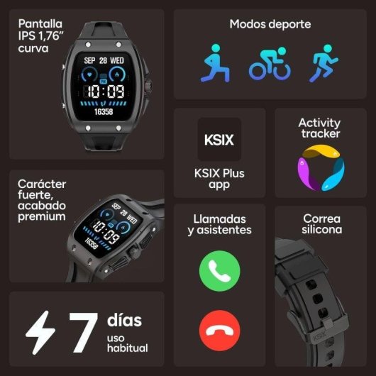 Ksix Hero 2 Bluetooth 44mm IPS Cinzento Caixa Zinco Pulseira Silicone Preta IP68
