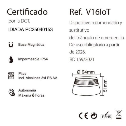 Baliza V16 Ebox MI VP10144-A Homologada DGT Geolocalizada Vodafone Base Magnética Naranja