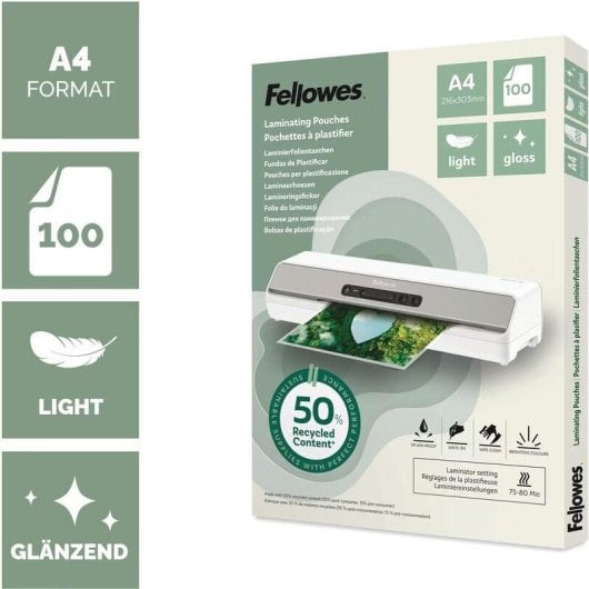 Plastifieuse Fellowes 100142987 A4 80 microns brillant 100 feuilles recyclées