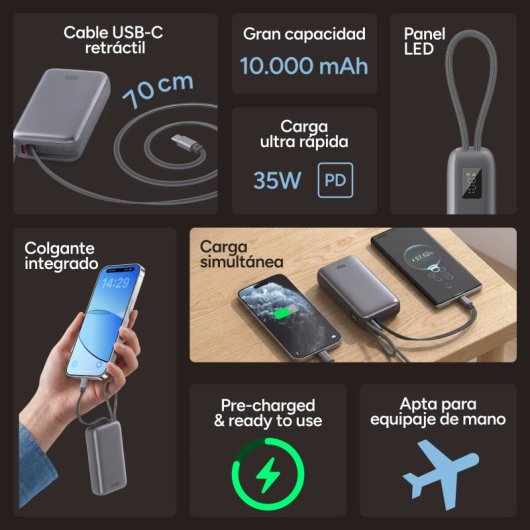 Ksix 10.000 Mah Power Bank, 35w Power Delivery, Cable Retráctil Usb-c, Colgante, Pantalla Led, Negro