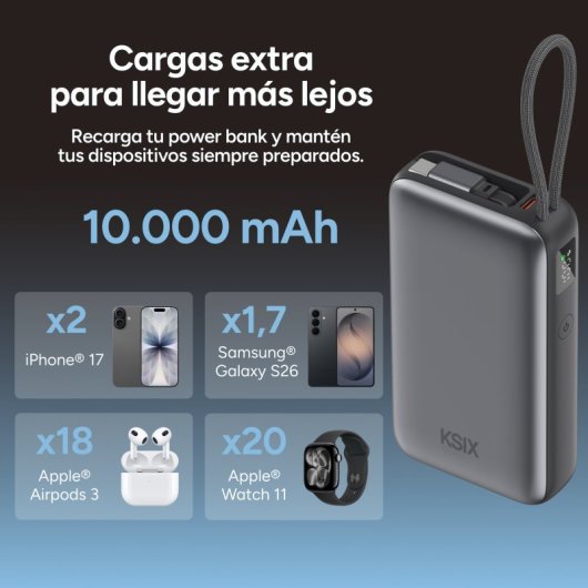 Ksix 10.000 Mah Power Bank, 35w Power Delivery, Cable Retráctil Usb-c, Colgante, Pantalla Led, Negro