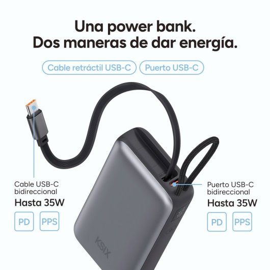 Ksix 10.000 Mah Power Bank, 35w Power Delivery, Cable Retráctil Usb-c, Colgante, Pantalla Led, Negro