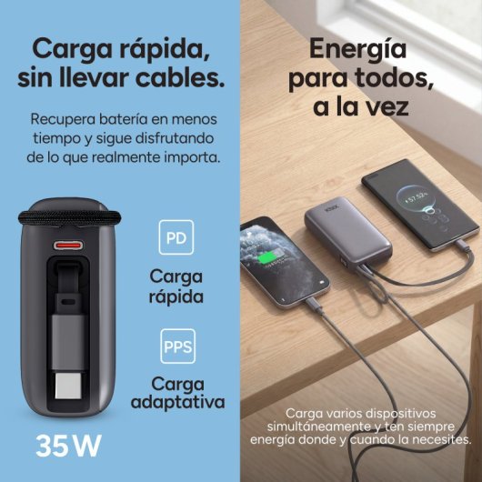 Ksix 10.000 Mah Power Bank, 35w Power Delivery, Cable Retráctil Usb-c, Colgante, Pantalla Led, Negro
