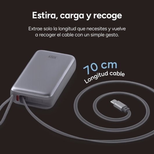 Ksix 10.000 Mah Power Bank, 35w Power Delivery, Cable Retráctil Usb-c, Colgante, Pantalla Led, Negro