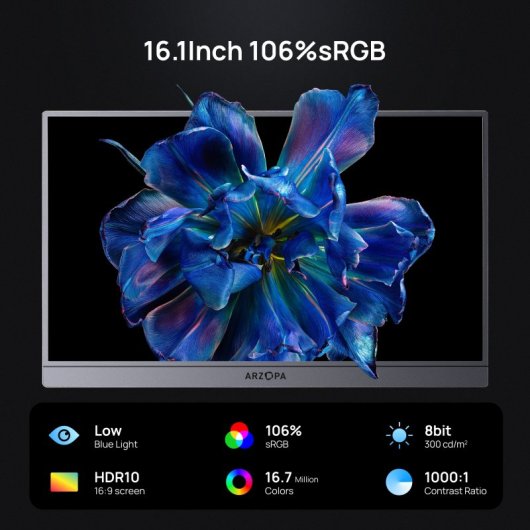 Monitor Arzopa Z1FC 16.1" FullHD 144Hz IPS Portátil HDR10 106 sRGB Altifalantes