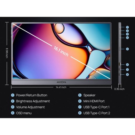 Monitor Arzopa Z3FC 16,1" QHD 180Hz IPS Tragbar FreeSync HDR10 Funda 9ms