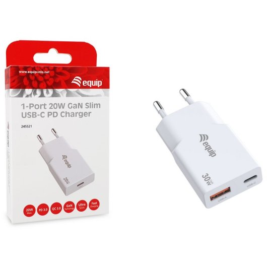 Ladegerät Equip 245523 GaN 30W USB-C PD PPS Schnellladung USB-A Weiß