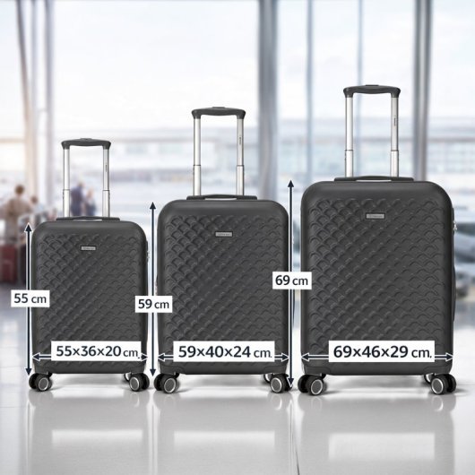 Conjunto de 3 malas rígidas expansíveis Benzi Bz5823n, cabine 50cm, média 60cm, grande 70cm, 4 rodas duplas, fechadura de combinação, pretas