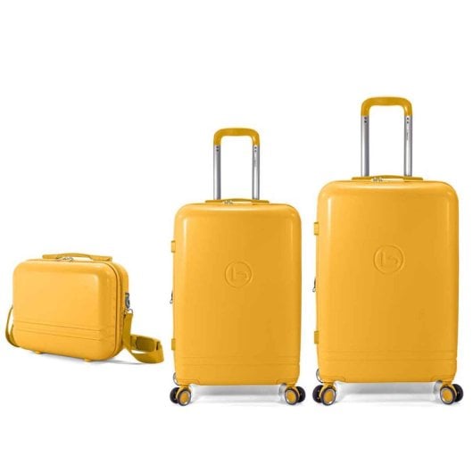 Conjunto de malas Benzi Bz5827am-60/50, composto por 2 malas rígidas expansíveis em ABS e necessaire, tamanho cabine 50cm e médio 60cm, 4 rodas duplas, fechadura de combinação, cor amarela.