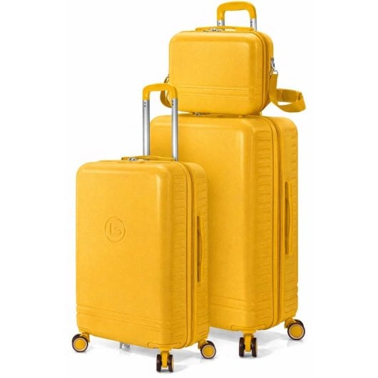 Conjunto de malas Benzi Bz5827am-60/50, composto por 2 malas rígidas expansíveis em ABS e necessaire, tamanho cabine 50cm e médio 60cm, 4 rodas duplas, fechadura de combinação, cor amarela.