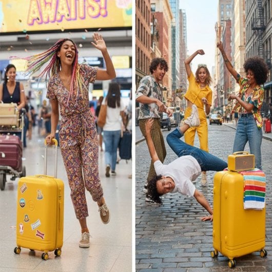 Conjunto de malas Benzi Bz5827am-60/50, composto por 2 malas rígidas expansíveis em ABS e necessaire, tamanho cabine 50cm e médio 60cm, 4 rodas duplas, fechadura de combinação, cor amarela.