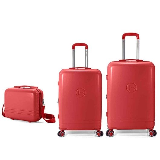 Conjunto de malas Benzi Bz5827r-60/50, composto por 2 malas rígidas expansíveis em ABS e necessaire, tamanho cabine 50cm e médio 60cm, 4 rodas duplas, fechadura de combinação, vermelho.