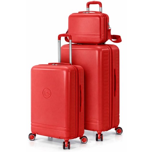 Conjunto de malas Benzi Bz5827r-60/50, composto por 2 malas rígidas expansíveis em ABS e necessaire, tamanho cabine 50cm e médio 60cm, 4 rodas duplas, fechadura de combinação, vermelho.