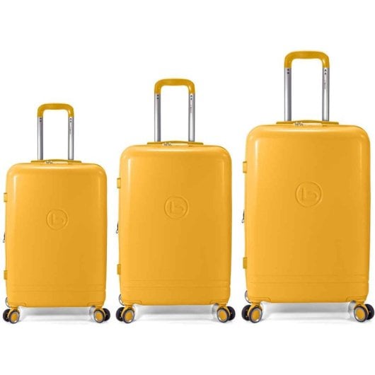 Conjunto de malas Benzi Bz5827am, 3 peças, estrutura rígida expansível em ABS, tamanhos de cabine 50cm, média 60cm e grande 70cm, 4 rodas duplas, fechadura de combinação, cor amarela.