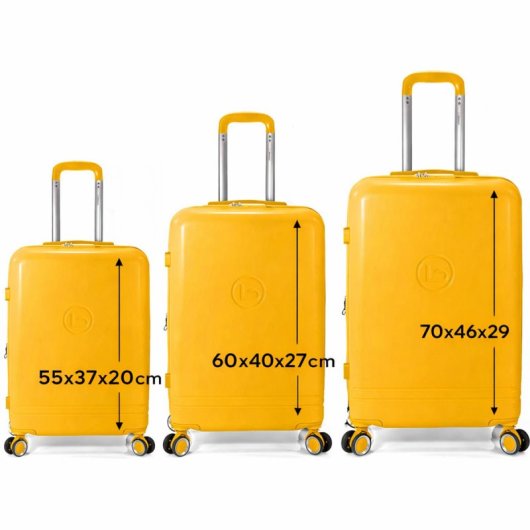 Conjunto de malas Benzi Bz5827am, 3 peças, estrutura rígida expansível em ABS, tamanhos de cabine 50cm, média 60cm e grande 70cm, 4 rodas duplas, fechadura de combinação, cor amarela.