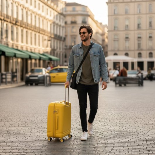 Conjunto de malas Benzi Bz5827am, 3 peças, estrutura rígida expansível em ABS, tamanhos de cabine 50cm, média 60cm e grande 70cm, 4 rodas duplas, fechadura de combinação, cor amarela.