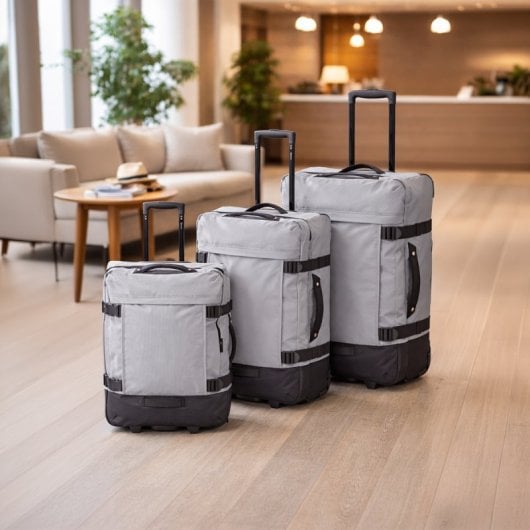 Conjunto de malas Benzi BZ5850G de 3 peças, com laterais flexíveis, 2 rodas, tamanhos: cabine 50cm, média 60cm, grande 70cm, pega telescópica, cinzento.