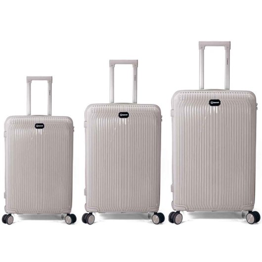 Conjunto de malas Benzi BZ5819G, 3 peças, malas rígidas expansíveis em polipropileno (PP), tamanho cabine 55cm, média 60cm, grande 70cm, 4 rodas duplas, fechadura de combinação, cinzento.