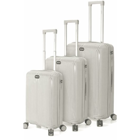Conjunto de malas Benzi BZ5819G, 3 peças, malas rígidas expansíveis em polipropileno (PP), tamanho cabine 55cm, média 60cm, grande 70cm, 4 rodas duplas, fechadura de combinação, cinzento.