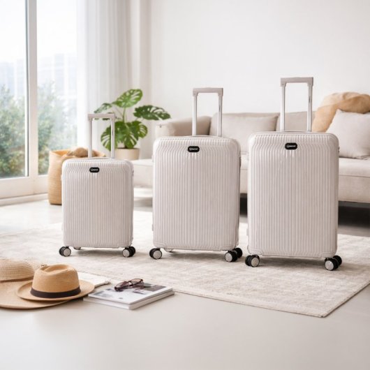 Conjunto de malas Benzi BZ5819G, 3 peças, malas rígidas expansíveis em polipropileno (PP), tamanho cabine 55cm, média 60cm, grande 70cm, 4 rodas duplas, fechadura de combinação, cinzento.