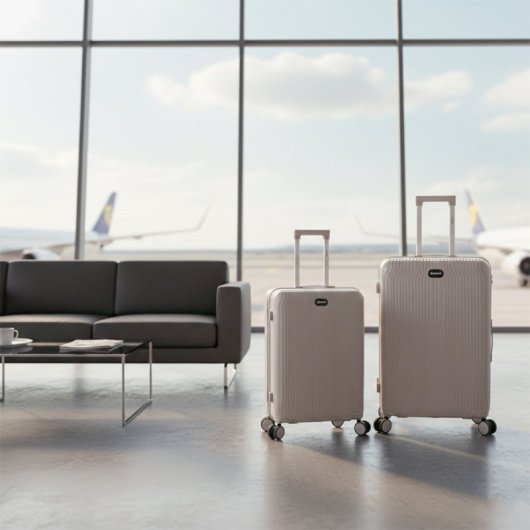 Conjunto de malas Benzi BZ5819G, 3 peças, malas rígidas expansíveis em polipropileno (PP), tamanho cabine 55cm, média 60cm, grande 70cm, 4 rodas duplas, fechadura de combinação, cinzento.