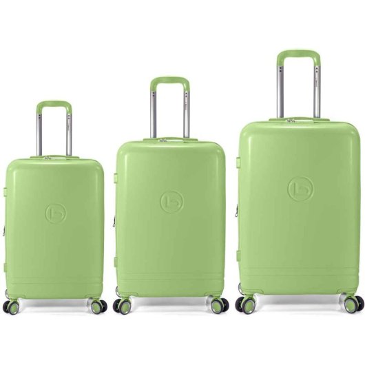 Conjunto de malas Benzi BZ5827V, 3 peças, expansíveis, rígidas, em ABS, com compartimentos de 50 cm (médio), 60 cm (grande) e 70 cm, 4 rodas duplas, fechadura de combinação, verde.