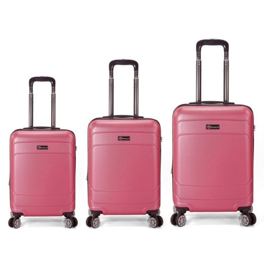 Conjunto de 3 malas rígidas expansíveis Benzi BZ5784RS, em ABS, tamanhos: cabine 50cm, média 60cm, grande 70cm, com 4 rodas duplas, fechadura de combinação, leves e duráveis, cor rosa.