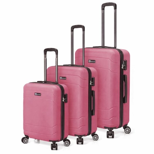 Conjunto de 3 malas rígidas expansíveis Benzi BZ5784RS, em ABS, tamanhos: cabine 50cm, média 60cm, grande 70cm, com 4 rodas duplas, fechadura de combinação, leves e duráveis, cor rosa.