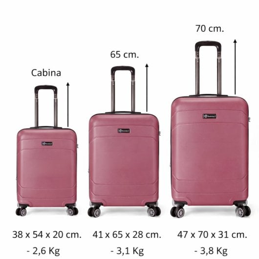 Conjunto de 3 malas rígidas expansíveis Benzi BZ5784RS, em ABS, tamanhos: cabine 50cm, média 60cm, grande 70cm, com 4 rodas duplas, fechadura de combinação, leves e duráveis, cor rosa.