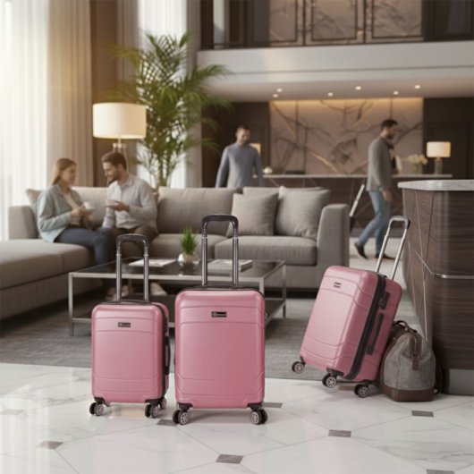 Conjunto de 3 malas rígidas expansíveis Benzi BZ5784RS, em ABS, tamanhos: cabine 50cm, média 60cm, grande 70cm, com 4 rodas duplas, fechadura de combinação, leves e duráveis, cor rosa.