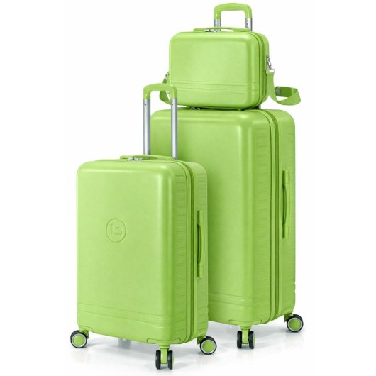 Conjunto de malas Benzi Bz5827v-60/50, composto por 2 malas rígidas expansíveis em ABS e necessaire, tamanho cabine 50cm e médio 60cm, 4 rodas duplas, fechadura de combinação, cor verde.