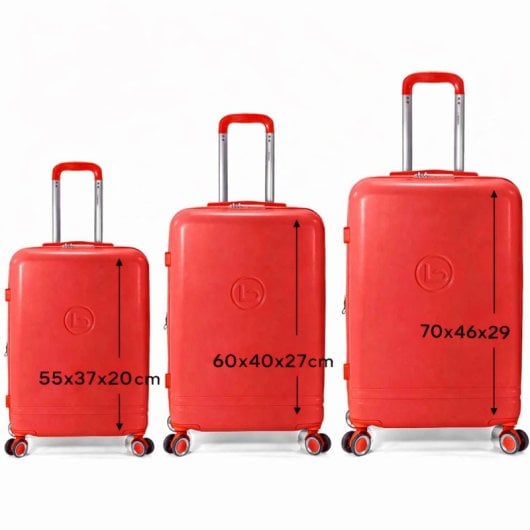 Conjunto de malas Benzi BZ5827R, 3 peças, estrutura rígida expansível em ABS, tamanhos de cabine 50cm (médio), 60cm (grande) e 70cm, 4 rodas duplas, fechadura de combinação, vermelho.