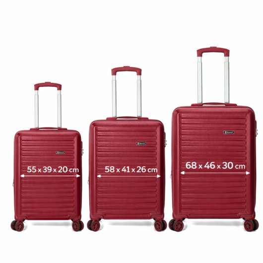 Conjunto de 3 malas rígidas expansíveis Benzi BZ5845GT, cabine 50cm, média 60cm, grande 70cm, 4 rodas duplas, fechadura de combinação, cor bordeaux.