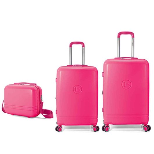 Conjunto de malas Benzi BZ5827RS-60/50, composto por 2 malas rígidas expansíveis e necessaire, tamanho cabine 50cm e médio 60cm, 4 rodas duplas, cadeado de combinação, cor-de-rosa.