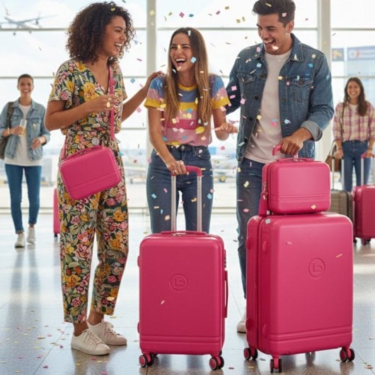 Conjunto de malas Benzi BZ5827RS-60/50, composto por 2 malas rígidas expansíveis e necessaire, tamanho cabine 50cm e médio 60cm, 4 rodas duplas, cadeado de combinação, cor-de-rosa.