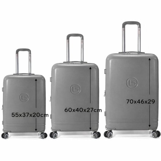 Conjunto de malas Benzi BZ5827G, 3 peças, estrutura rígida expansível em ABS, tamanho de cabine 50cm, médio 60cm, grande 70cm, 4 rodas duplas, fechadura de combinação, cinzento.