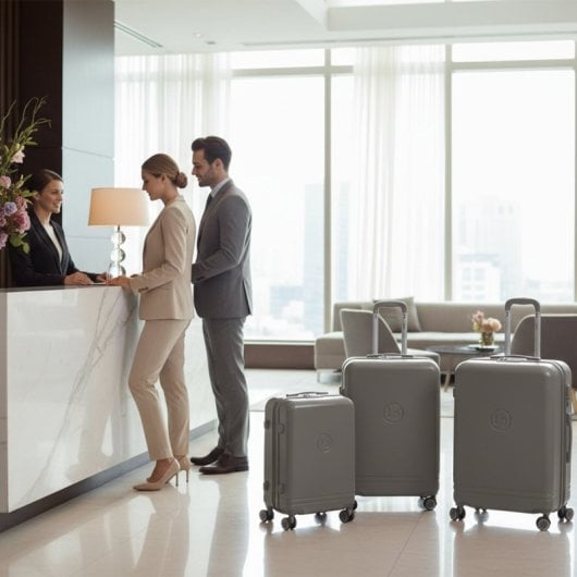 Conjunto de malas Benzi BZ5827G, 3 peças, estrutura rígida expansível em ABS, tamanho de cabine 50cm, médio 60cm, grande 70cm, 4 rodas duplas, fechadura de combinação, cinzento.