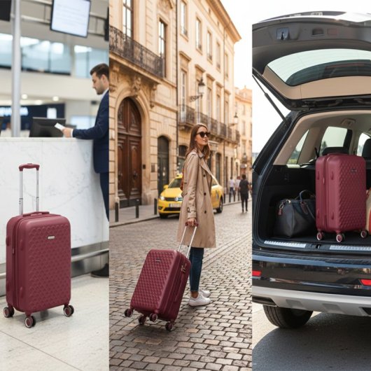 Conjunto de 3 malas rígidas expansíveis Benzi BZ5823GT: cabine 50cm, média 60cm, grande 70cm, com 4 rodas duplas, fechadura de combinação, cor bordeaux.