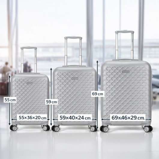 Conjunto de 3 malas rígidas expansíveis Benzi Bz5823lg, cabine 50cm, média 60cm, grande 70cm, 4 rodas duplas, fechadura de combinação, prata