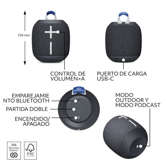 Altavoz portátil Ultimate Ears Wonderboom 4 Bluetooth sonido 360º, resistencia agua y polvo, negro