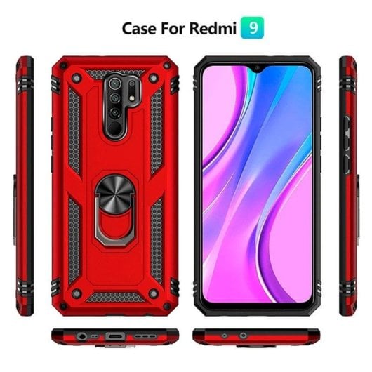 Funda para móvil Max Power Digital Anillo Giratorio Silicona y Policarbonato Roja Antideslizante para Xiaomi Redmi 9