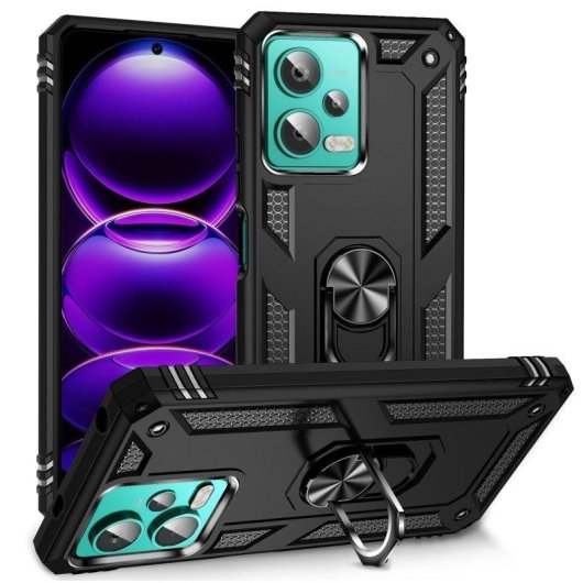 Coque pour mobile Max Power Digital Anneau Magnétique Double Couche Silicone Noir Antichoc pour Xiaomi Redmi Note 12 4G