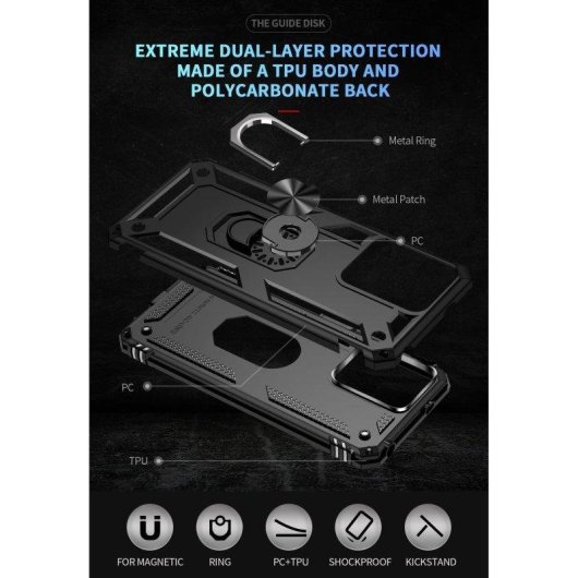 Coque pour mobile Max Power Digital Anneau Magnétique Double Couche Silicone Noir Antichoc pour Xiaomi Redmi Note 12 4G