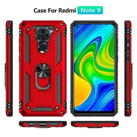 Funda para móvil Max Power Digital Anillo Giratorio Silicona Policarbonato Roja Antideslizante para Xiaomi Redmi Note 9
