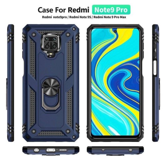 Funda per smartphone Max Power Digital Anello Magnetico Doppio Strato Silicone Policarbonato Nero per Redmi Note 9 Pro e Note 9s