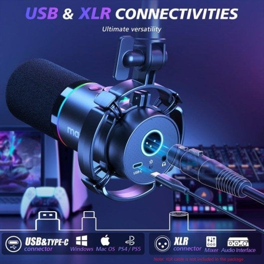Micrófono Maono PD200XS USB/XLR cardioide con iluminación RGB y brazo soporte